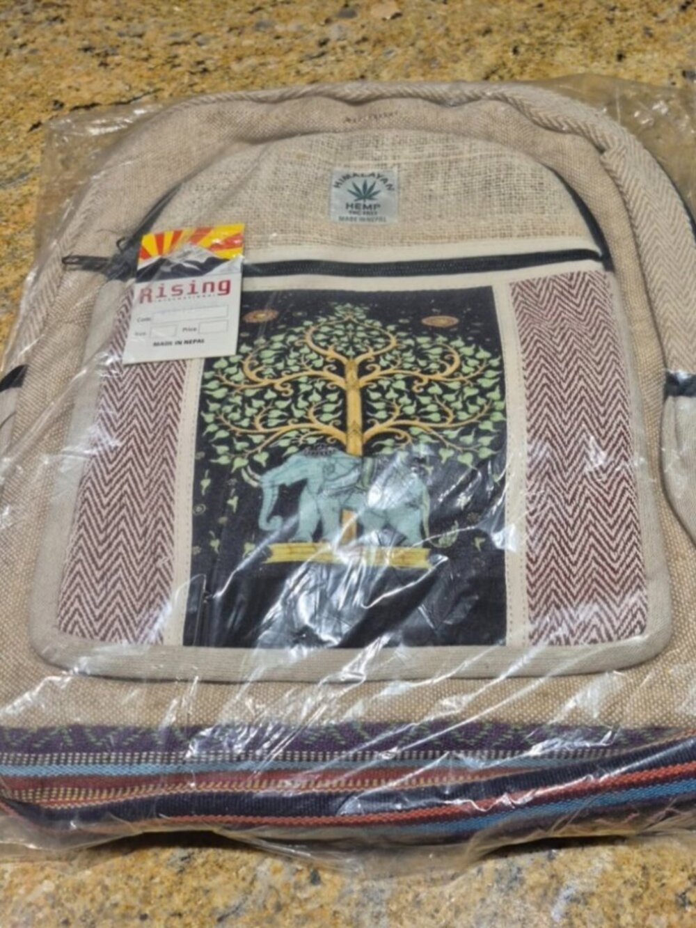 LARGE HIMALAYAN HEMP THC FREE LARGE SOFT BACKPACK NEW W/ TAGS ELEPHANT FRONT